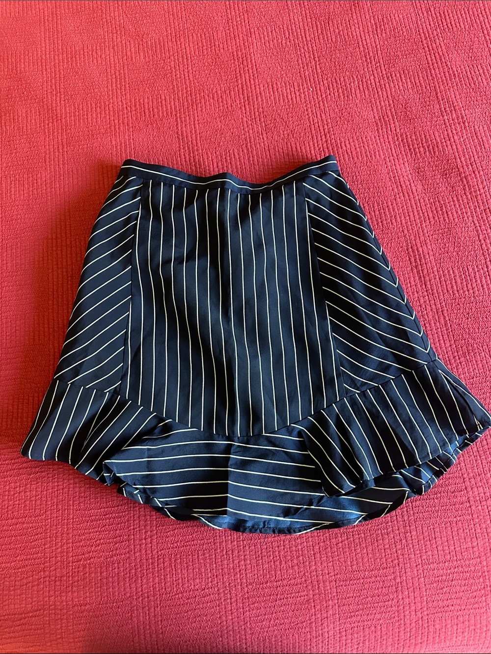 J. Crew Navy Skirt with White Pinstripes and Ruffle Hem